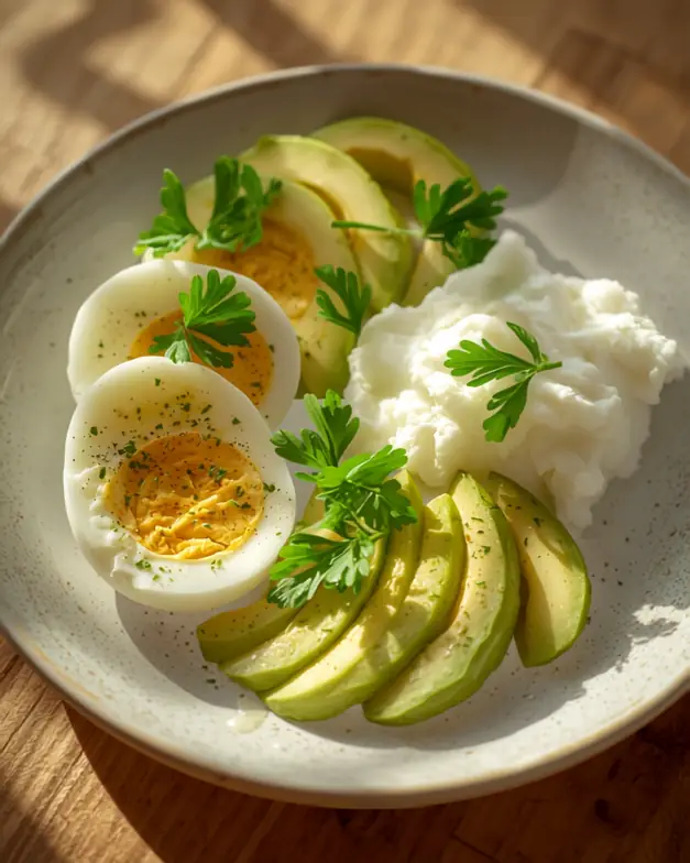 Avocado-Ei-Teller mit körnigem Frischkäse