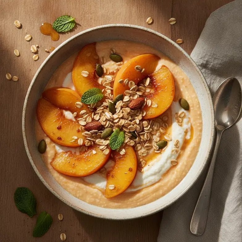 Cremige Pfirsich-Quark-Bowl mit warmen Haferflocken