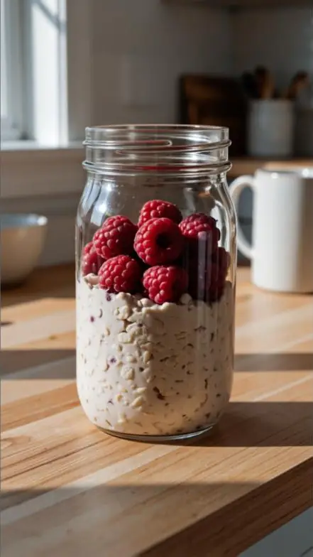 Cremige Protein-Overnight-Oats mit Himbeeren