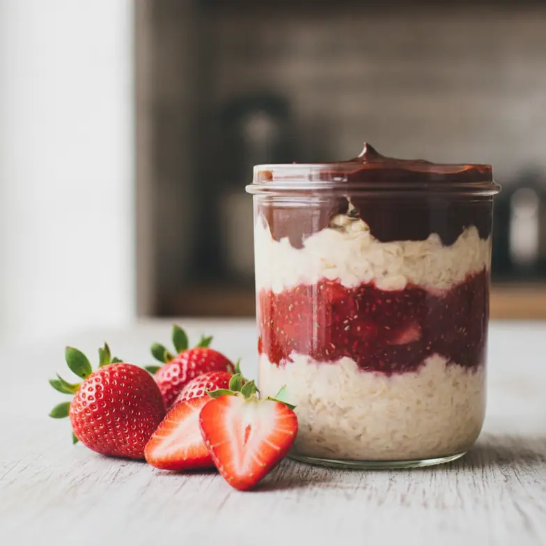 Erdbeer-Chia-Jam-Overnight-Oats mit Schokohaube
