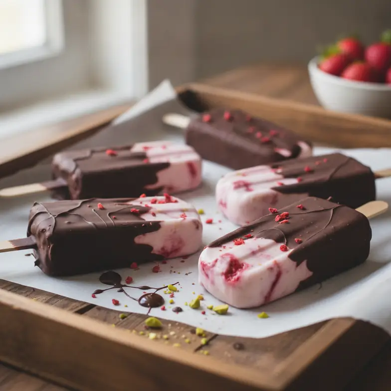 Erdbeer-Joghurt-Eis mit Schoko-Hülle