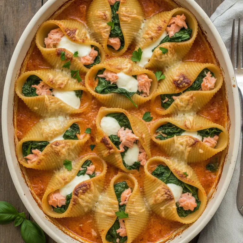 Gefüllte Lachsmuscheln in Tomatensahnesauce