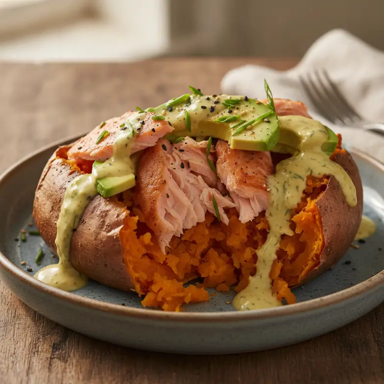 Gefüllte Süßkartoffel mit Lachs & Avocado