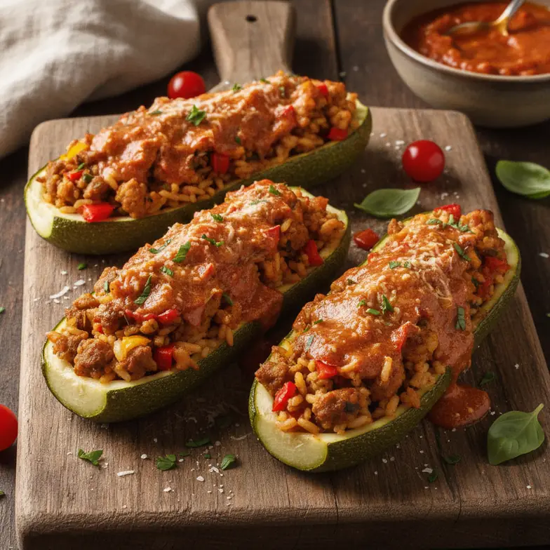 Gefüllte Zucchini mit Hähnchenhack und Reis