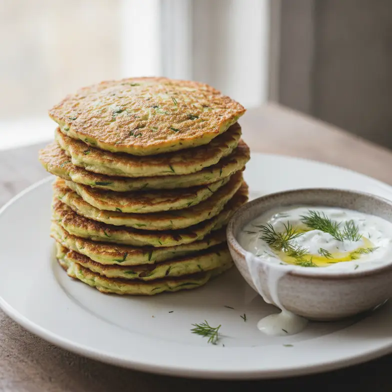 Kabački-Pfannkuchen mit Knoblauch-Skyr-Sauce