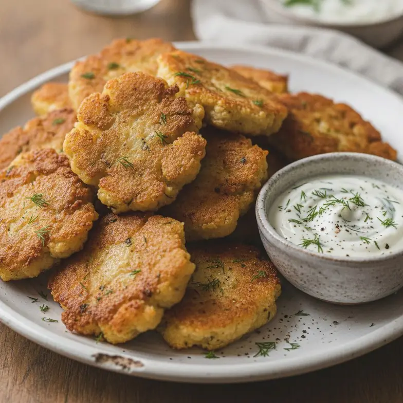 Knusprige Protein-Blumenkohl-Fritter mit Joghurt-Dip