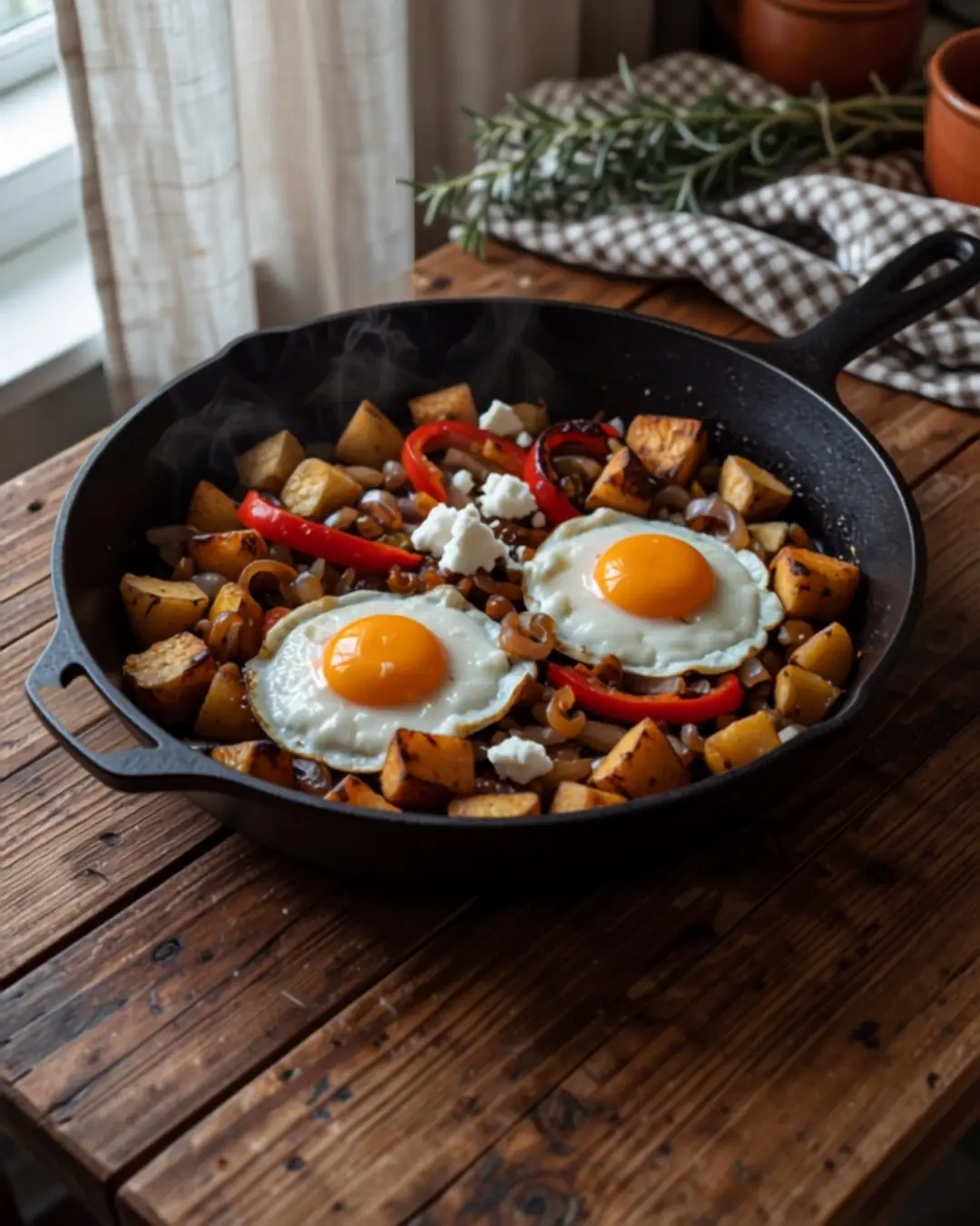 Mediterrane Kartoffelpfanne mit Feta & Ei
