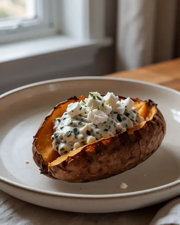 Ofen-Süßkartoffel mit Kräuterquark & Feta