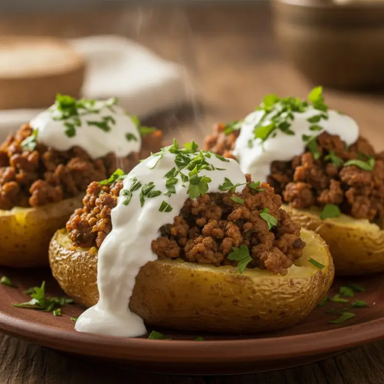 Ofenkartoffel-Schiffchen mit Hack & Joghurt-Topping