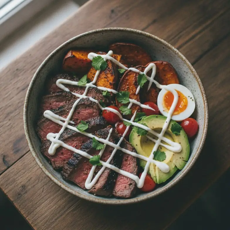 Steak-Süßkartoffel-Bowl mit Avocado & Ei