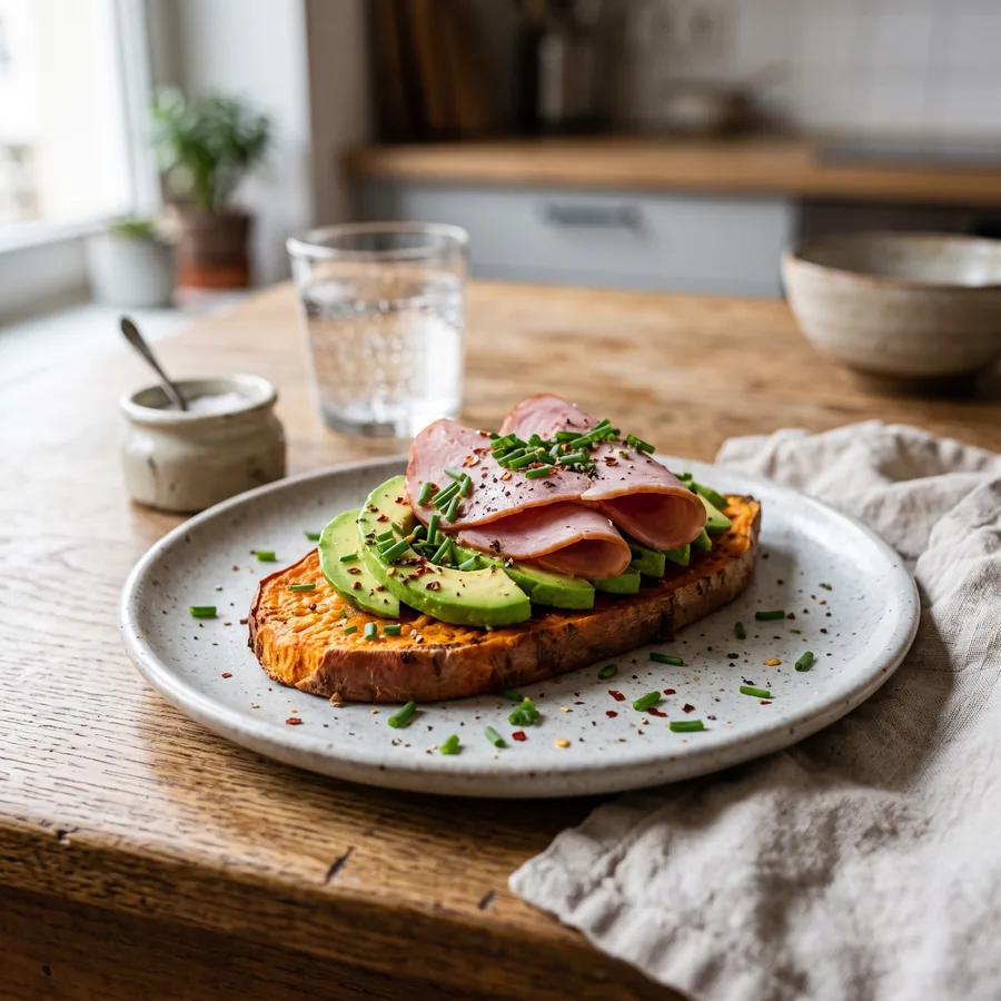 Süßkartoffel-Toast mit Avocado und Schinken
