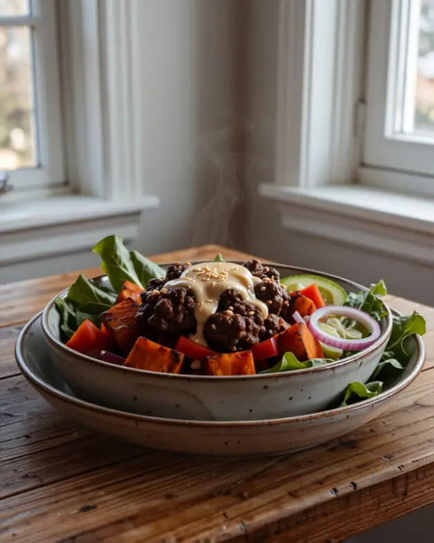 Sweet Potato Burger Bowl – Burger Geschmack ohne Bun