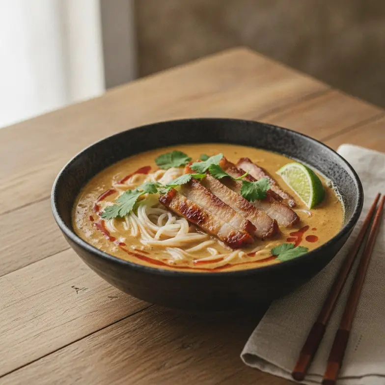 Thai-Erdnuss-Kokos-Suppe mit Reisnudeln
