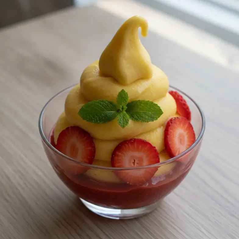 Tropisches Fruchteis mit Erdbeersoße