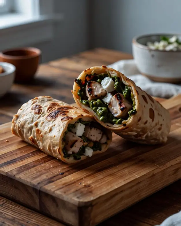 Wrap-Päckchen mit Hähnchen, Pesto & Feta