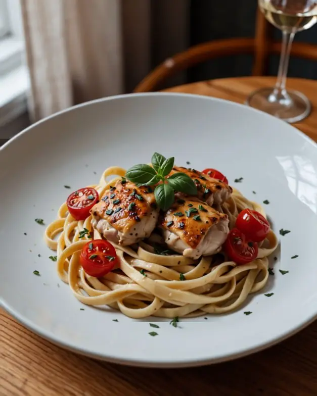 Zitronen-Knoblauch-Hähnchen auf cremiger Linsenpasta